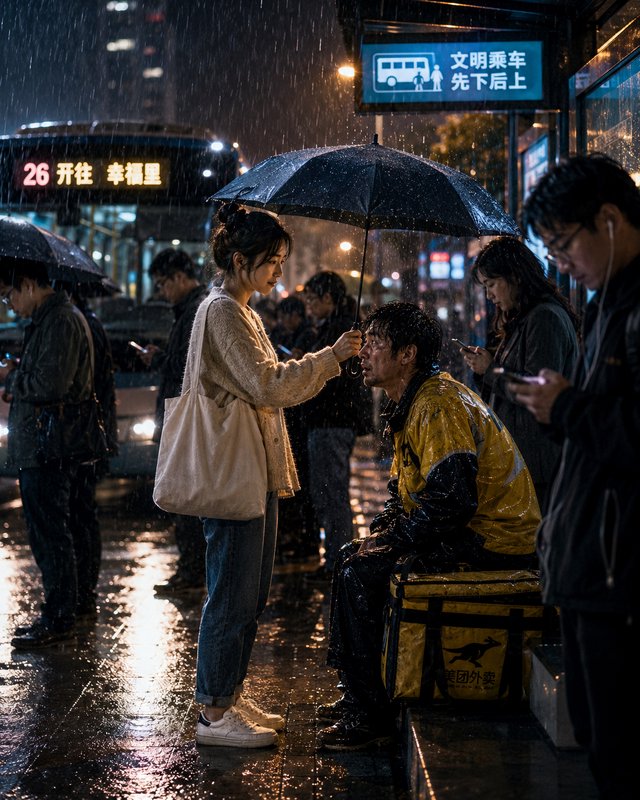 Young woman holds an umbrella over a soaked food delivery worker at a rainy night urban bus stop.