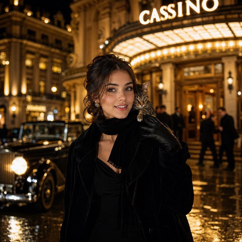 Elegant woman in black formal wear with tabby kitten on her shoulder stands outside glowing historic casino at rainy night
