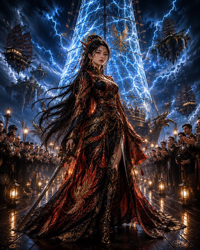 Regal fantasy empress in ornate phoenix gown holds a sword on an airship deck beneath a stormy li...