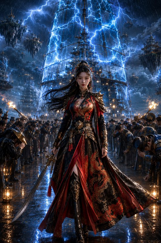 Commanding fantasy warrior empress holds a sword, crowds bow, glowing lightning airship looms beh...