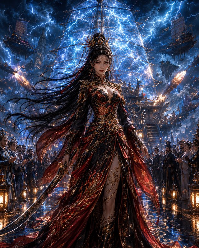 Powerful fantasy warrior empress holding an ornate sword stands on a flagship deck, with a flying...