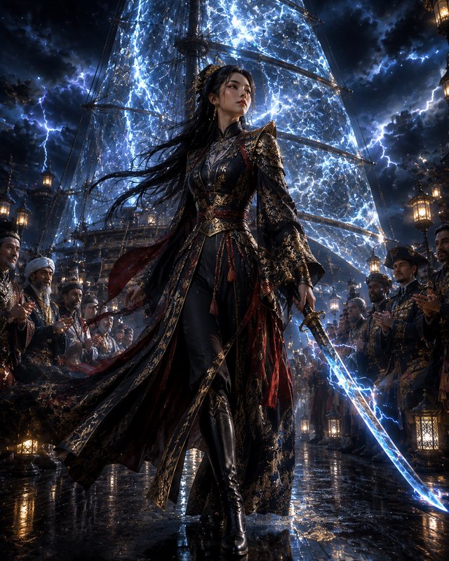 Regal female fantasy warrior stands on rain-soaked galleon deck holding a lightning sword, with g...
