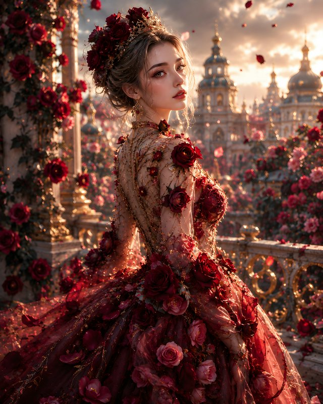 Regal fantasy queen in a rose-embellished ball gown stands on an ornate palace balcony at golden ...