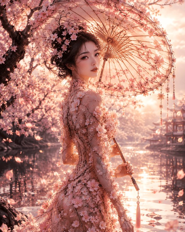 Ethereal East Asian woman in cherry blossom gown holds a tasseled floral parasol beside a sakura-...