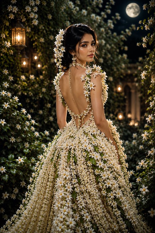 Elegant woman in a backless jasmine flower gown looks over her shoulder in a moonlit flowering ga...
