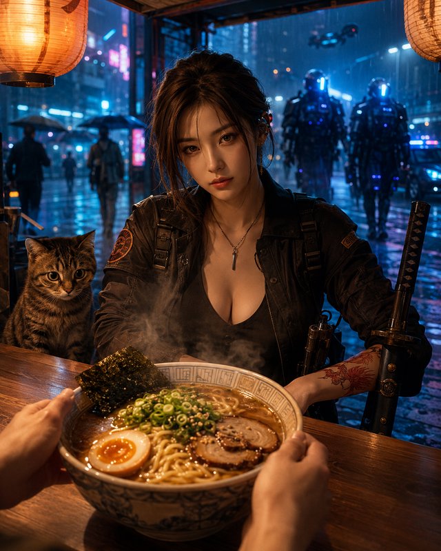 [Cyberpunk woman at outdoor ramen stall with tabby cat, rainy neon futuristic city street with robotic patrols in background]