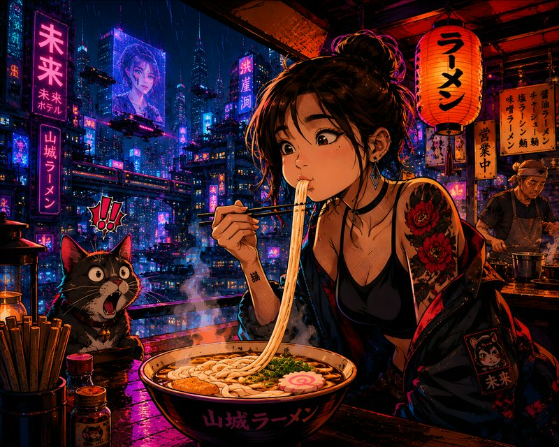 Anime girl slurps ramen at a neon cyberpunk street stall, a shocked tuxedo cat sits beside her ov...