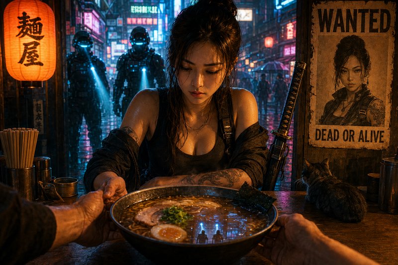 [Tattooed cyberpunk wanted woman receives ramen as armored police approach a rainy neon street stall]