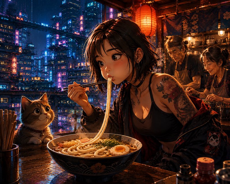 Anime tattooed girl slurps ramen while a tabby cat watches, at a neon lit cyberpunk night street ...