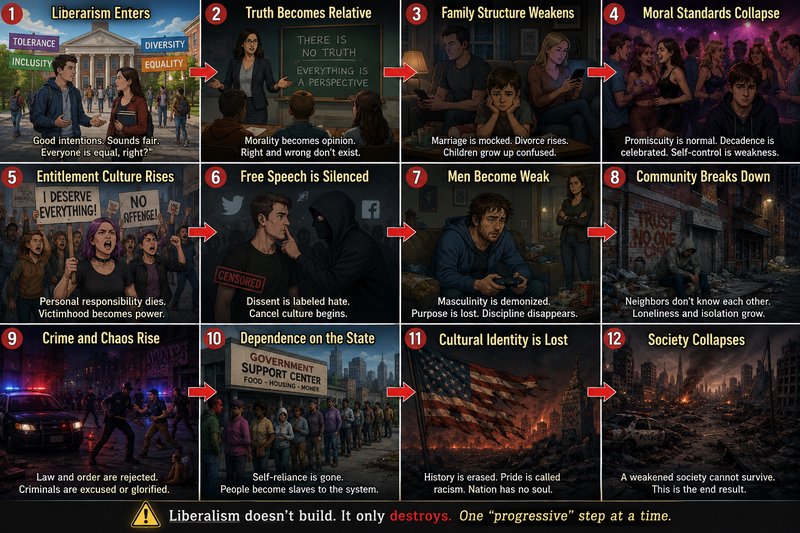 12-panel sequential political infographic illustrating a claimed step-by-step progression of soci...