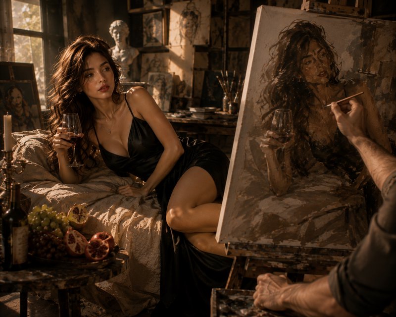 Elegant female model in a black silk slip holds wine while posing for a painter working on her po...