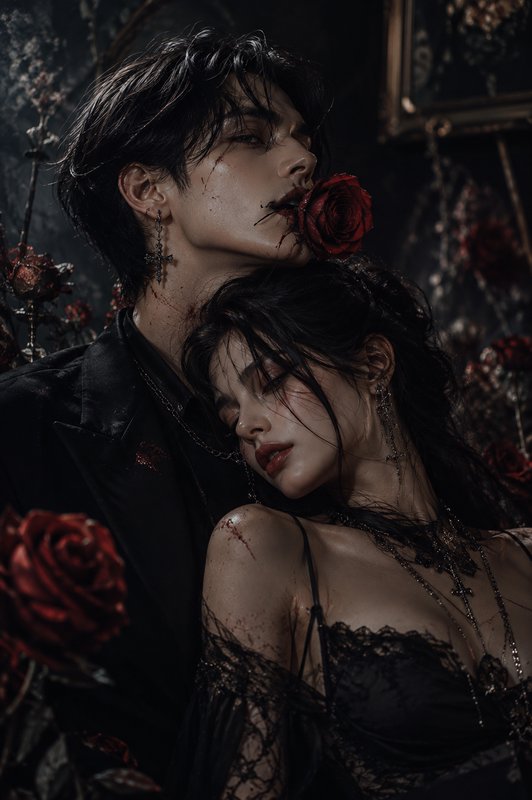 Intimate gothic portrait of a vampire couple with red roses, cross jewelry, dark formal wear agai...
