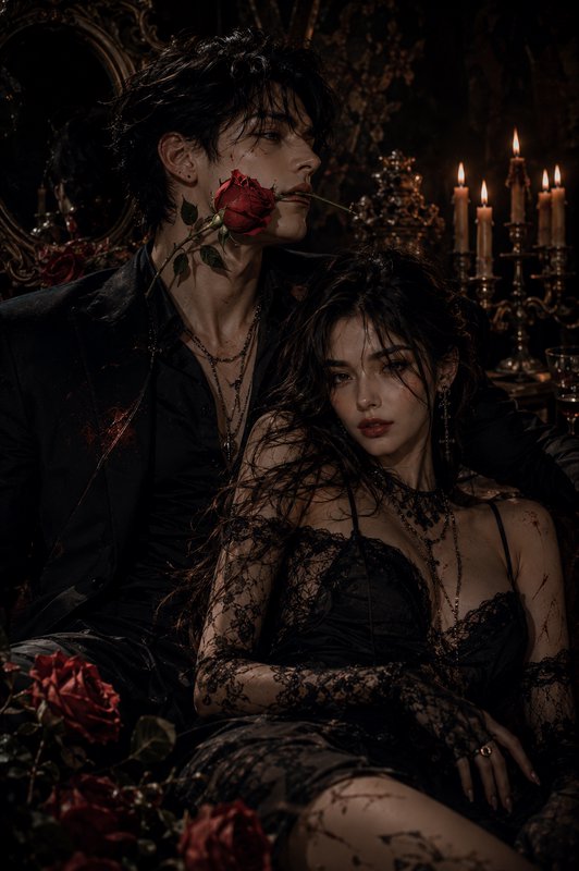 Gothic dark romance couple, man holding a red rose between his teeth, seated in a dim candlelit o...