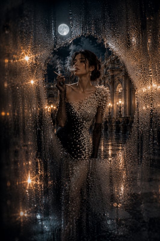 [Elegant woman in a pearl-embellished evening gown smokes, viewed through rain-streaked glass against a moonlit baroque ni...