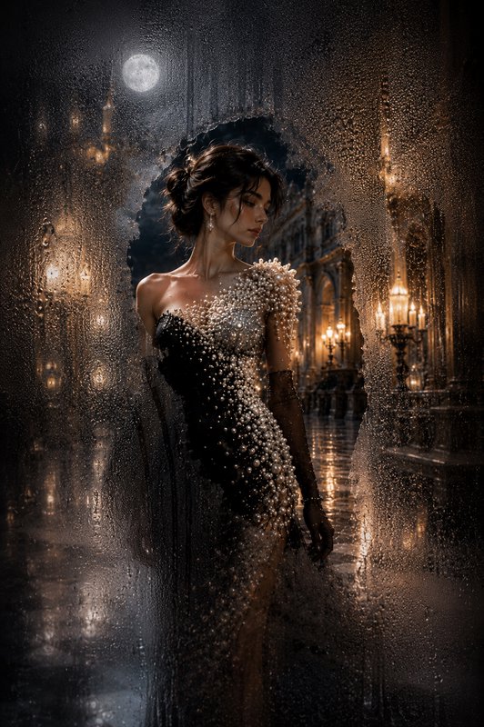 [Elegant woman in a pearl encrusted gown viewed through rain-streaked glass in a moonlit opulent palace ballroom]