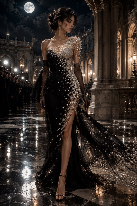 Elegant model in pearl-embellished black couture gown stands in grand moonlit baroque palace at a...
