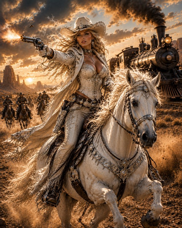 Glamorous cowgirl fires a revolver while riding a galloping decorated white horse, steam train an...