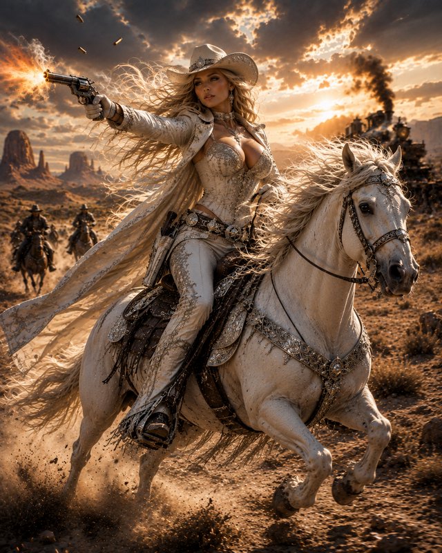 Ornately dressed cowgirl fires a revolver while riding a galloping white horse across a wild west...