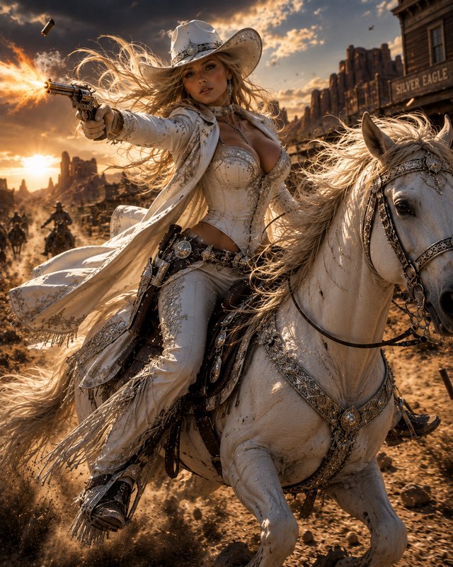 Female gunslinger in white cowboy attire fires a revolver while riding a galloping white horse th...