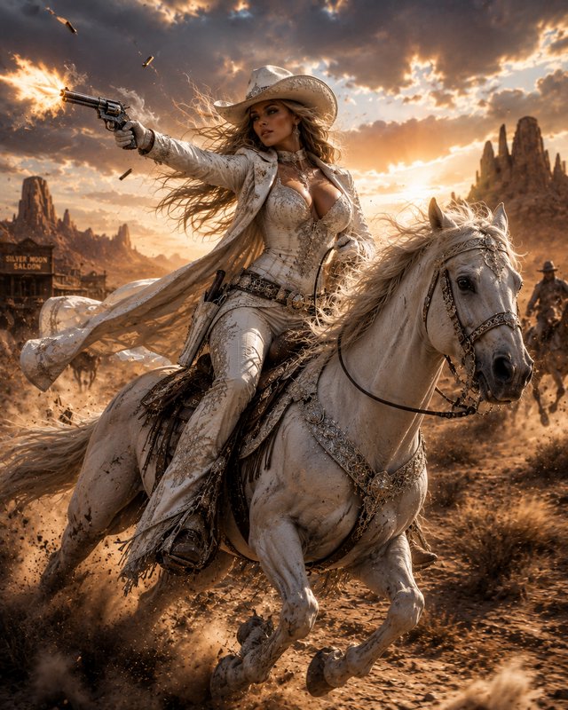 Female gunslinger in ornate white western wear fires a revolver while riding a galloping white st...
