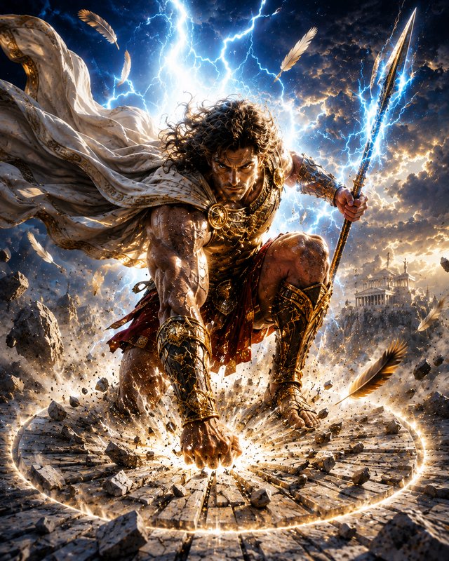 Muscular Greek god crouches holding a lightning spear amid crumbling Mount Olympus ruins under a ...