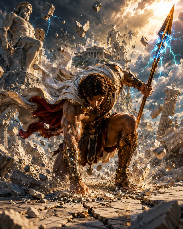 Muscular Greek god crouches holding a lightning spear amid crumbling Mount Olympus ruins under a ...