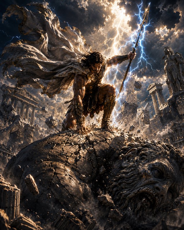 Powerful Zeus kneels holding a crackling lightning spear above crumbling ancient Greek ruins unde...