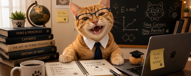 Grinning orange tabby cat wearing glasses and a tie sits at a whimsical cat-themed study desk fac...