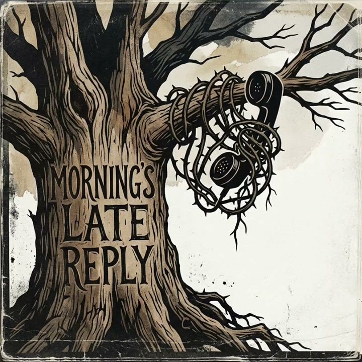 Woodcut illustration of gnarled tree with "Morning's Late Reply" text, vintage telephone tangled ...