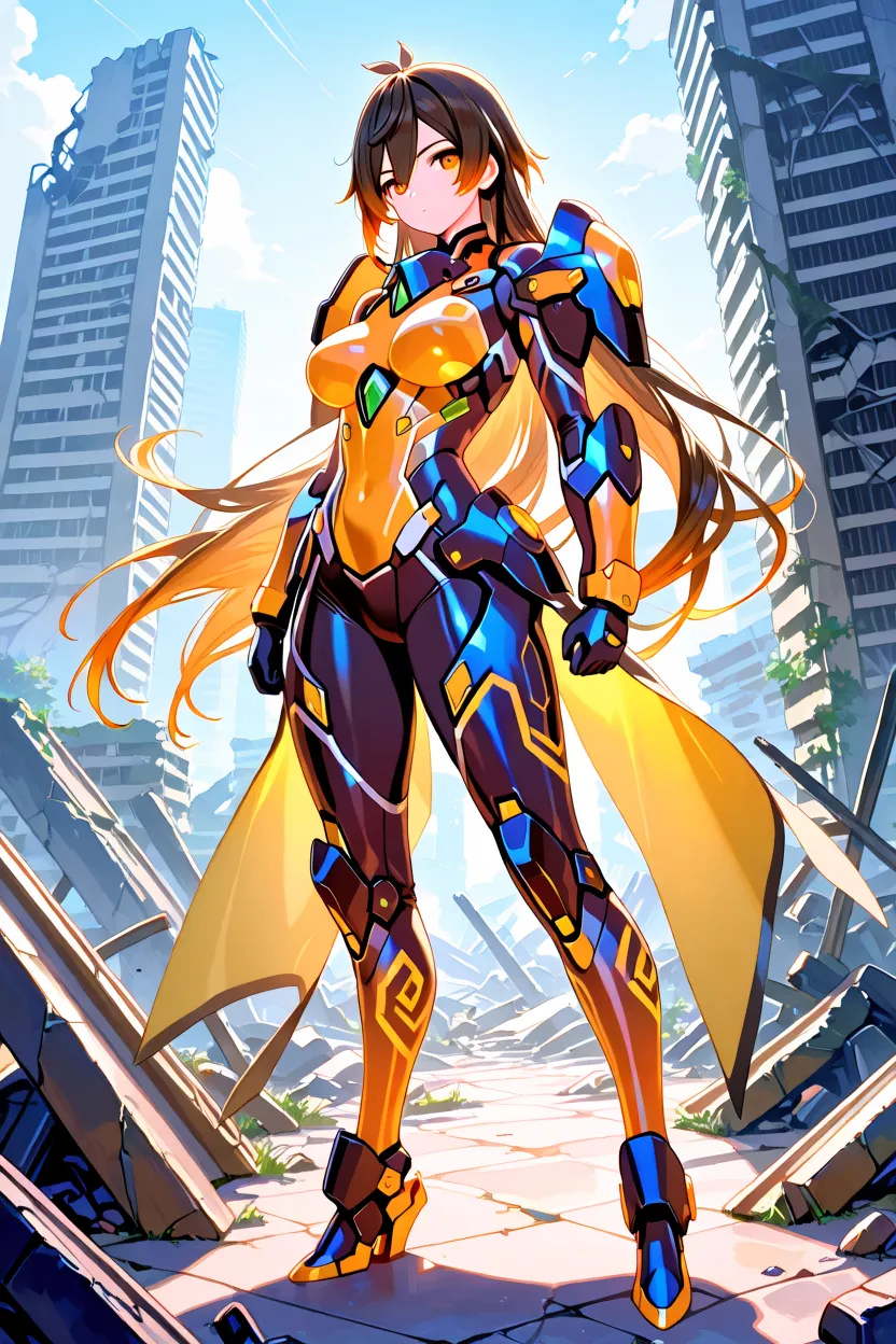 Anime-style female warrior in yellow and blue futuristic armor stands in a ruined cityscape.