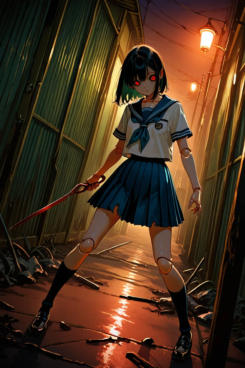 Young anime girl in a torn sailor uniform with a red blade stands in a dim alley under orange sunset.