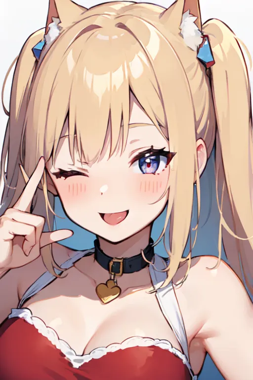 Playful blonde nekomimi anime girl winks while holding up a peace sign in a close-up portrait