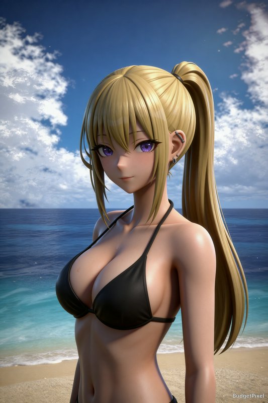 Anime-style blonde girl in a black bikini on a sunny beach by the ocean.