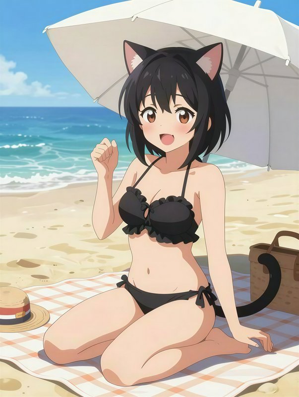 Anime girl with cat ears in a black bikini at the beach under a white umbrella.
