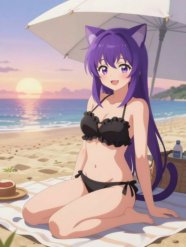 Anime girl with purple hair and cat ears in a black bikini sitting on a beach under a parasol at sunset.