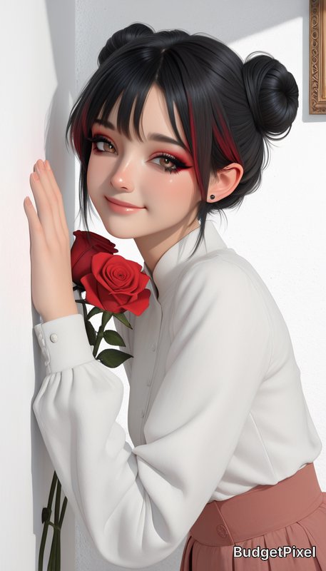 Anime-style girl with black double buns holding a red rose, wearing a white blouse and pink skirt.