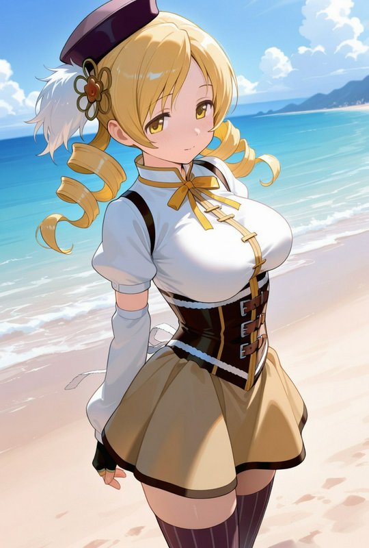 Anime-style blonde girl on a sunny beach wearing a corset and yellow bow.