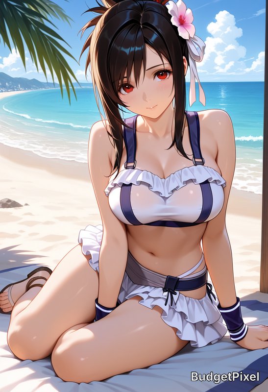 Anime-style girl in a white and navy ruffled bikini sits on a sunny beach with palm leaves and blue ocean.