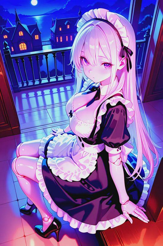 Anime girl in a French maid outfit sitting on a moonlit balcony with a night village backdrop.