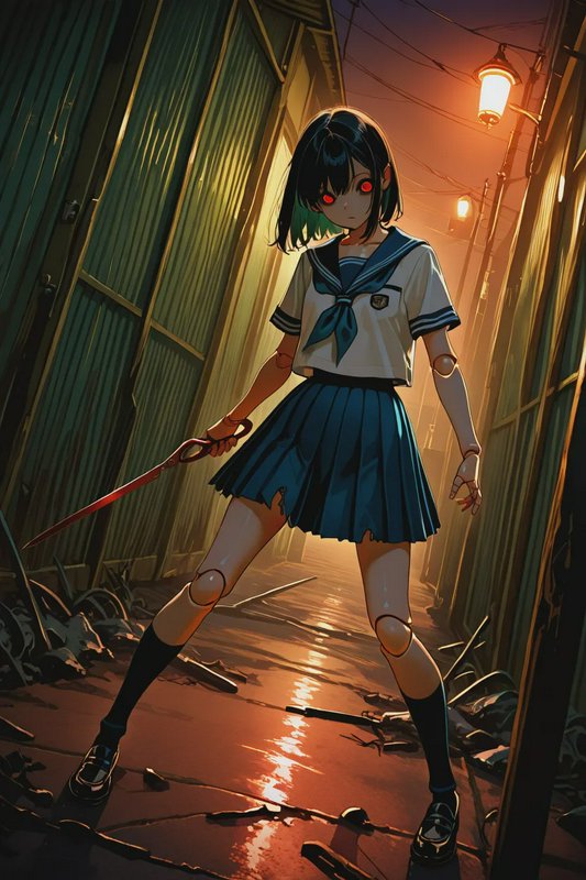Young anime girl in a torn sailor uniform with a red blade stands in a dim alley under orange sunset.