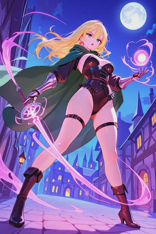 Anime-style blonde sorceress casting glowing pink magic in a medieval town under a bright full mo...