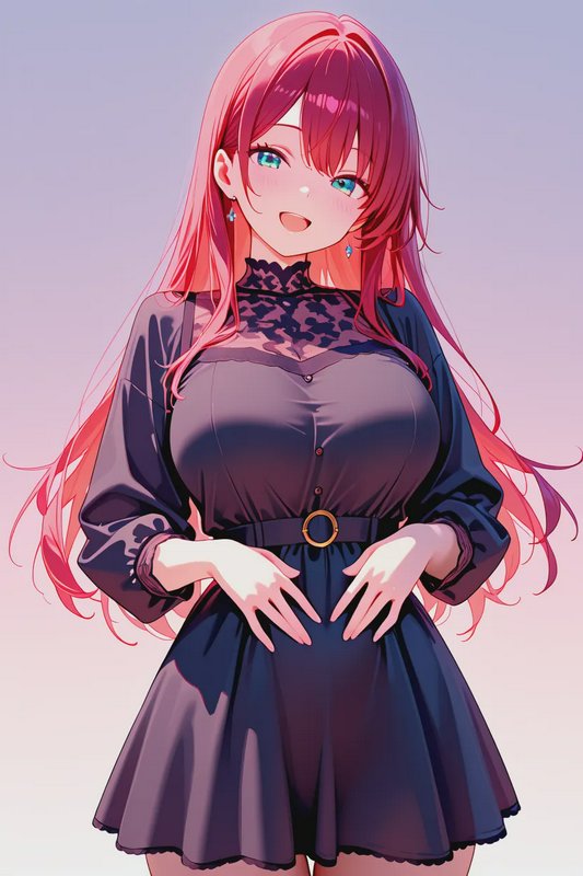 Smiling anime girl with long pink hair and turquoise eyes wears a lace-accented dark dress agains...