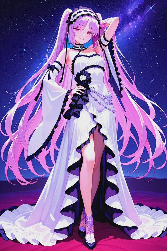 Anime bishoujo girl with long pink twin tails in a frilly white gown poses against a starry purpl...