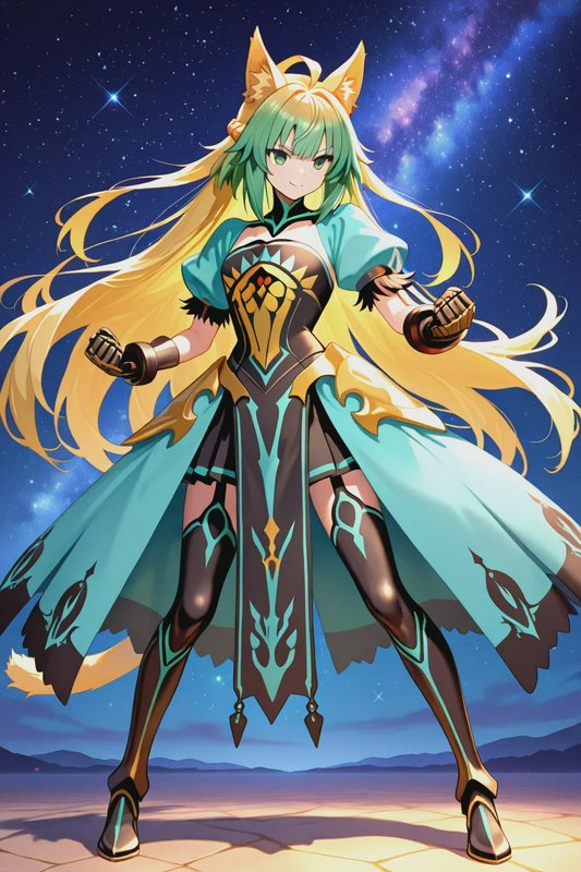 Anime fox-eared warrior girl with gradient green-blonde hair and ornate armor stands under a star...