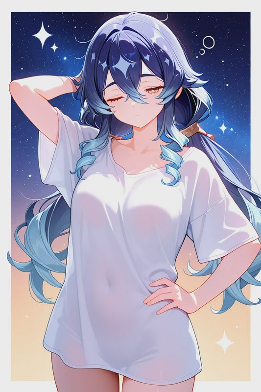Anime girl with gradient sparkly blue hair wearing an oversized white t-shirt, eyes closed agains...
