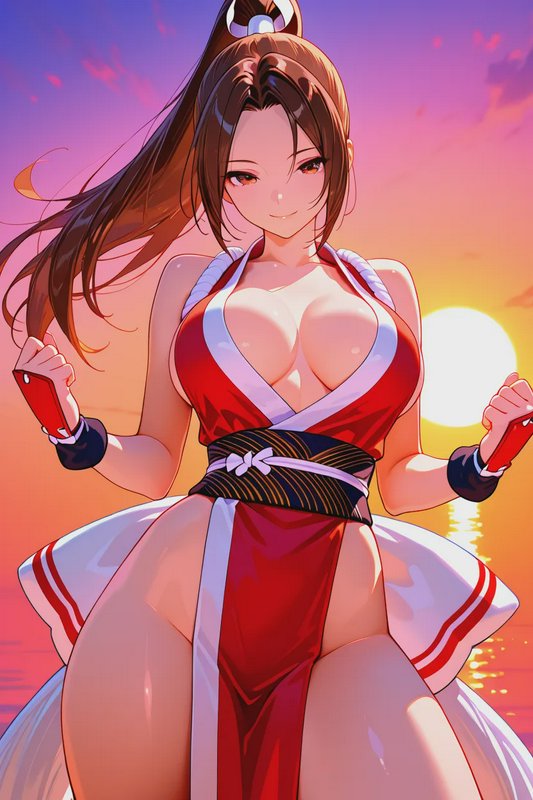 Anime illustration of Mai Shiranui in classic kunoichi attire, posed against a vibrant gradient s...