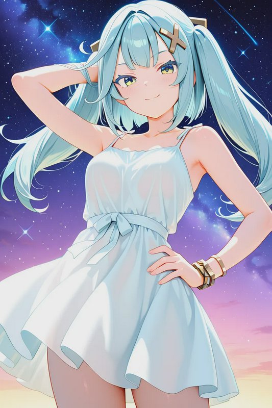 Anime girl with mint twin tails poses in a white sundress against a glowing starry twilight sky