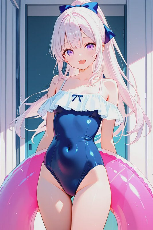 Cute anime girl with long white ponytail, ruffled blue swimsuit, holding pink pool float, smiling...