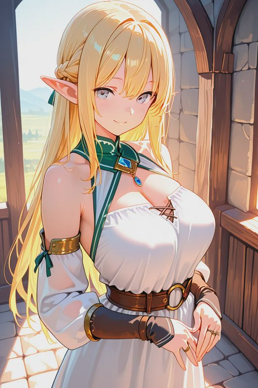 Blonde anime elf girl with pointed ears, standing in a sunlit stone window overlooking rolling co...
