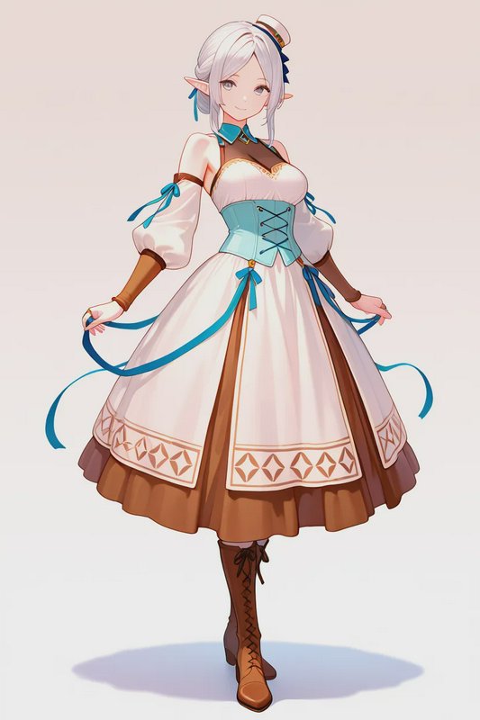 Anime illustration of a silver-haired female elf wearing a fantasy dirndl dress on a plain neutra...